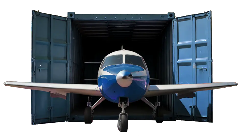 Small aircraft loaded into a shipping container for transport
